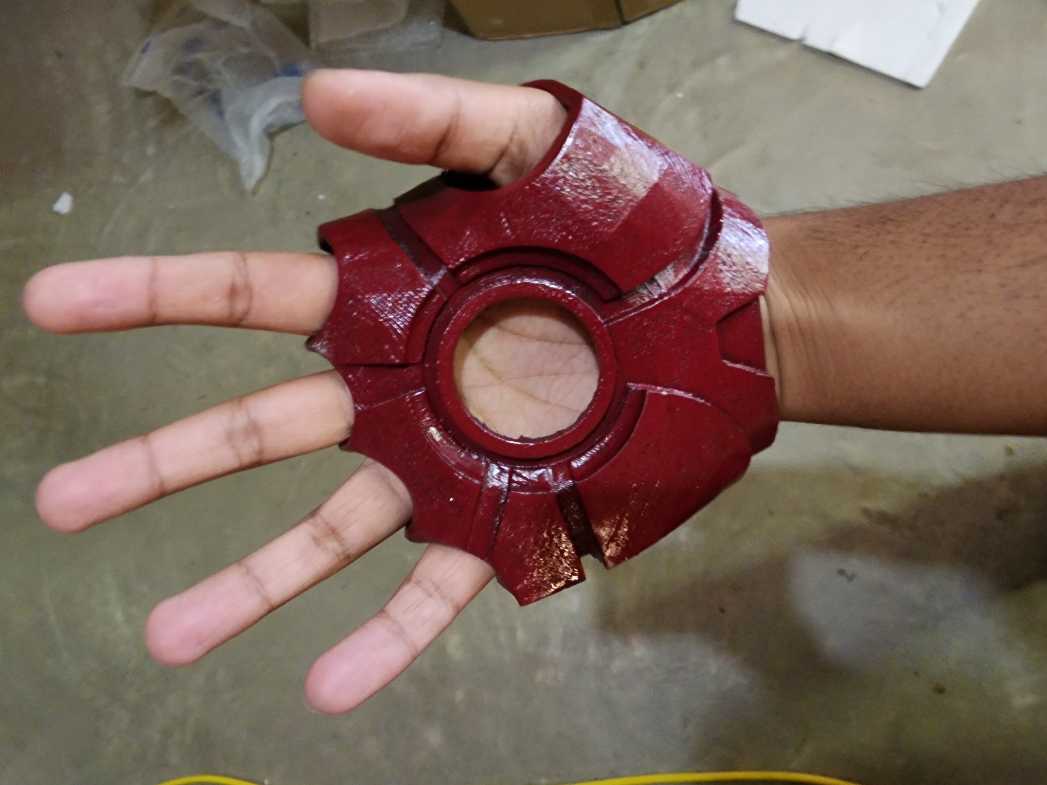 Trying on the painted hand